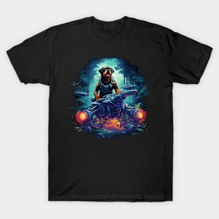 An enchanting Rottweiler Dog, confidently driving a futuristic hoverbike T-Shirt